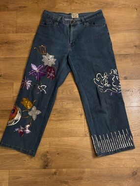 Embellished Dark Blue Flare Jeans with Sequin Floral Details